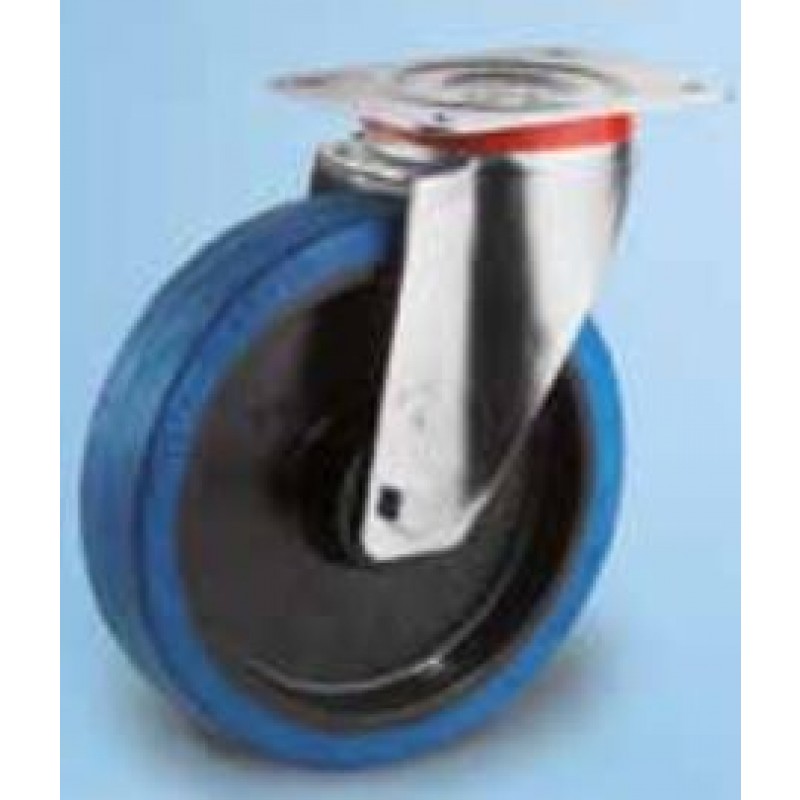 Roulette platine acier zingué caoutchouc élastique bleu diamètre 125 pivotante