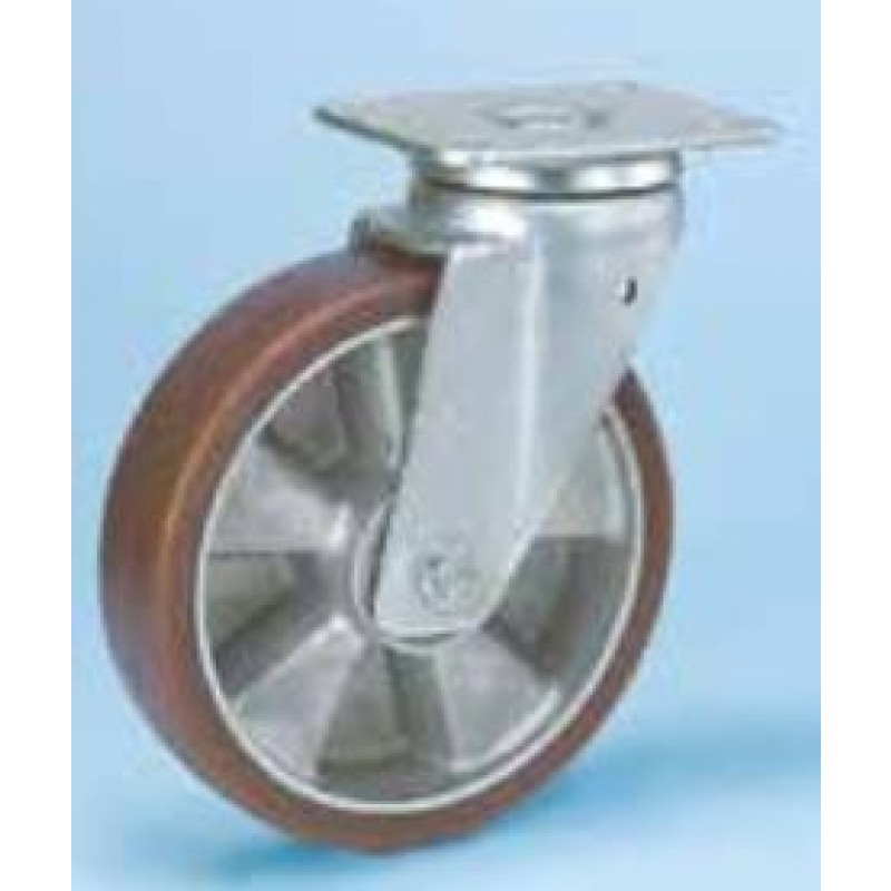 Roulette platine acier zingué étanche renforcé roue alu polyuréthane diamètre 200 pivotante 