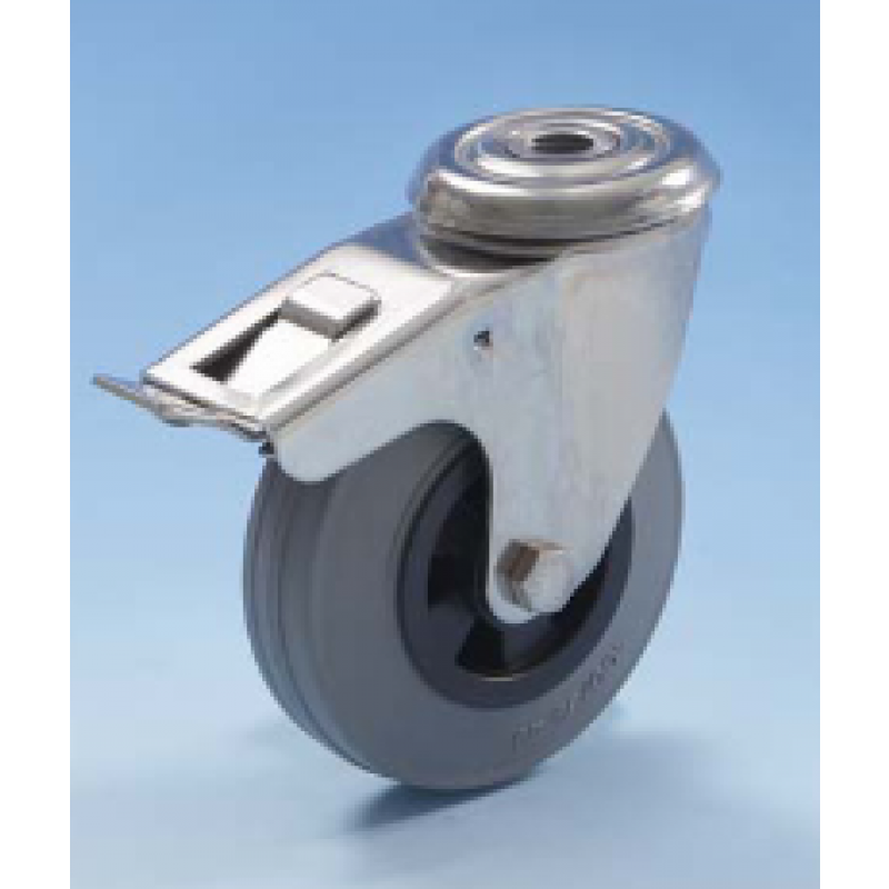 Roulette inox à trou pivotante à frein caoutchouc gris