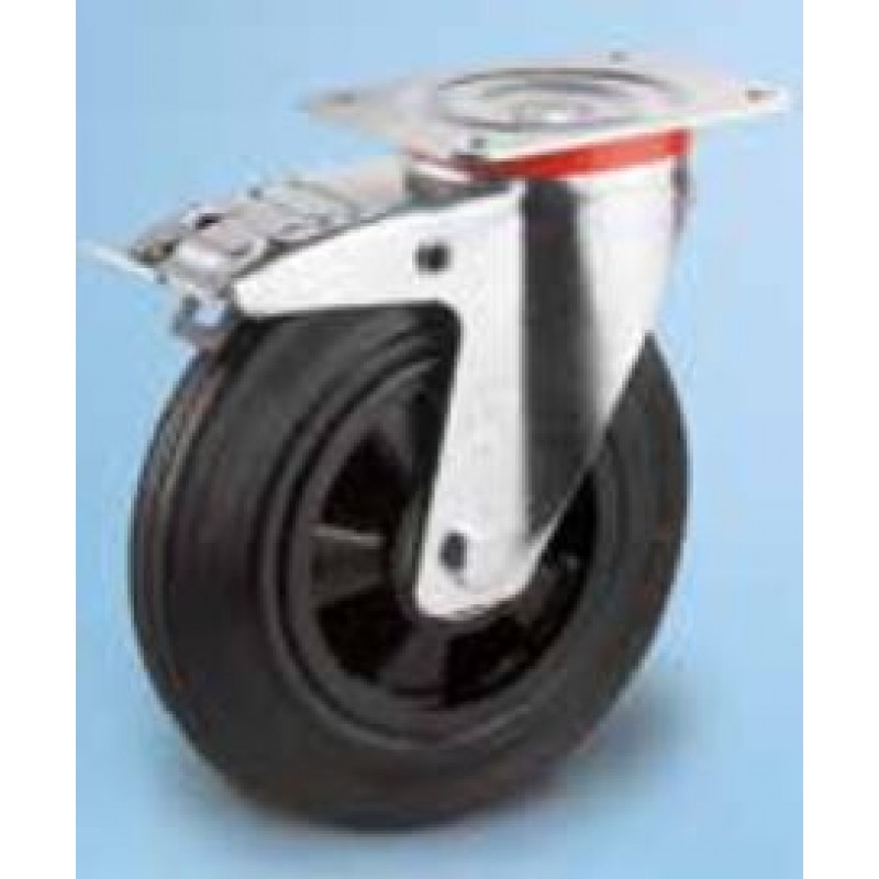 Roulette standard platine acier roue diamètre 200 caoutchouc noir pivotante à frein