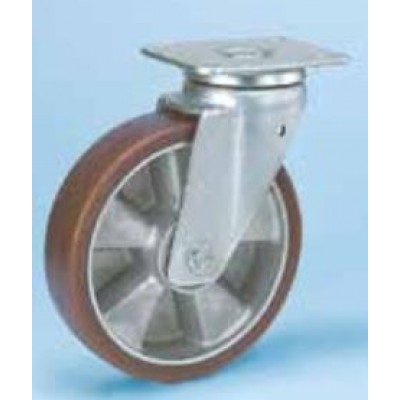 Roulette platine acier zingué étanche renforcé roue alu polyuréthane diamètre 200 pivotante
