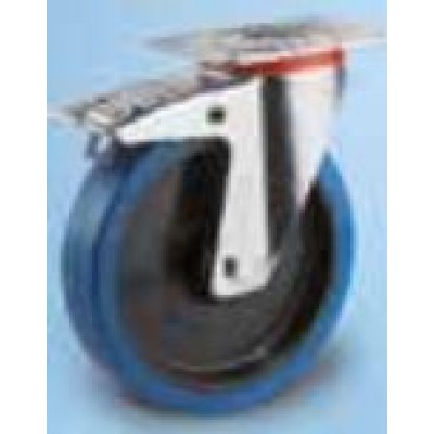 Roulette platine acier zingué pivotante à frein caoutchouc élastique bleu diamètre 200