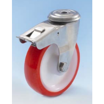 Roulette inox à oeil pivotante à frein diamètre 125 polyuréthane rouge