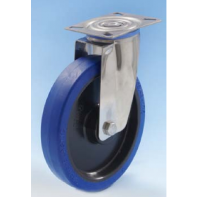 Roulette Inox platine pivotante diamètre 200 caoutchouc élastique bleu