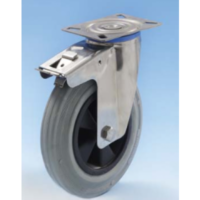 Roulette Inox platine pivotante à frein diamètre 125 caoutchouc gris