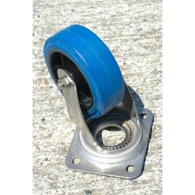 Roulette inox platine pivotante diamètre 100 caoutchouc élastique bleu