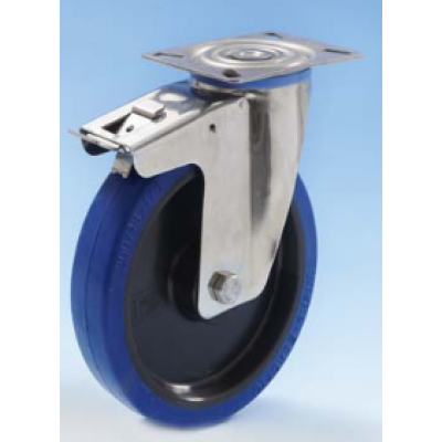Roulette inox platine pivotante à frein diamètre 100 caoutchouc élastique bleu 