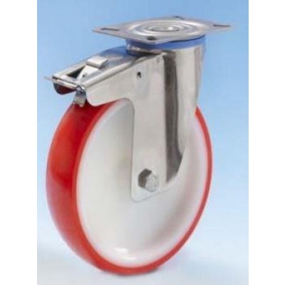 Roulette Inox platine pivotante à frein diamètre 200 polyuréthane rouge