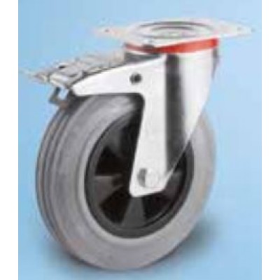 Roulette platine zinguée caoutchouc gris diamètre 80 pivotante à frein