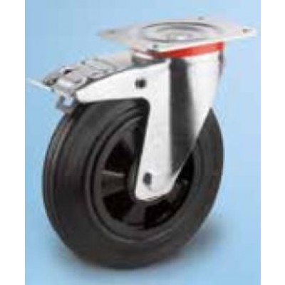 Roulette standard platine acier roue diam 125 caoutchouc noir pivotante à frein